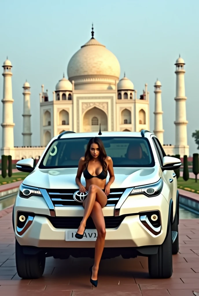 A white fortuner in front of tajmahal in day and a white hot girl wear black shorts and see tha camara side she is so beautiful and cute her boobs and ass bigger . She sit in the car