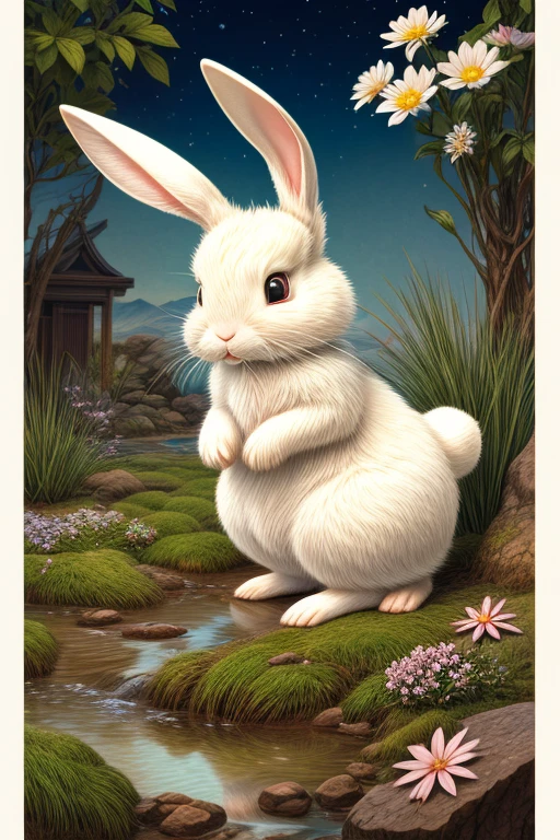 A realistic illustration of a white Peter Rabbit-style rabbit from a classic Japanese fairy tale