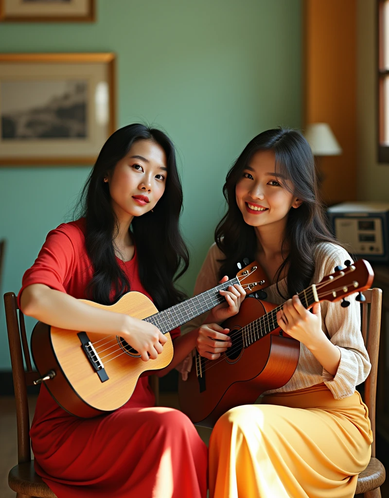Portrait of a 2 Thai woman playing a ukulele and a cajon, looking at the camera, long hair, in a retro studio with pastel walls, a vintage live camera, warm sunlight, analog film photographs, a Kodachrome camera.