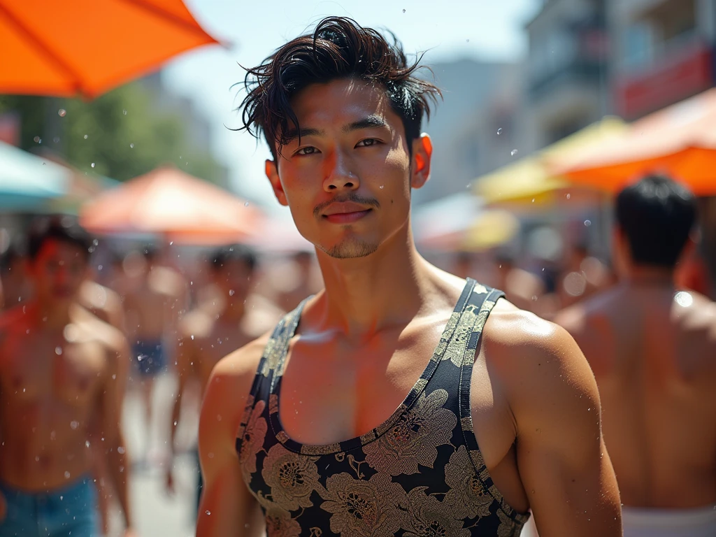 Japanese,25-30 years old , Masculine and handsome， the weather is summer，Wear summer sex clothes，For example, vest（Super detailed, Realistic, best quality, 4K, 8k, High resolution, masterpiece:1.3)The background is Bangkok, Thailand，It&#39;s the Water Splashing Festival，wet，happy
