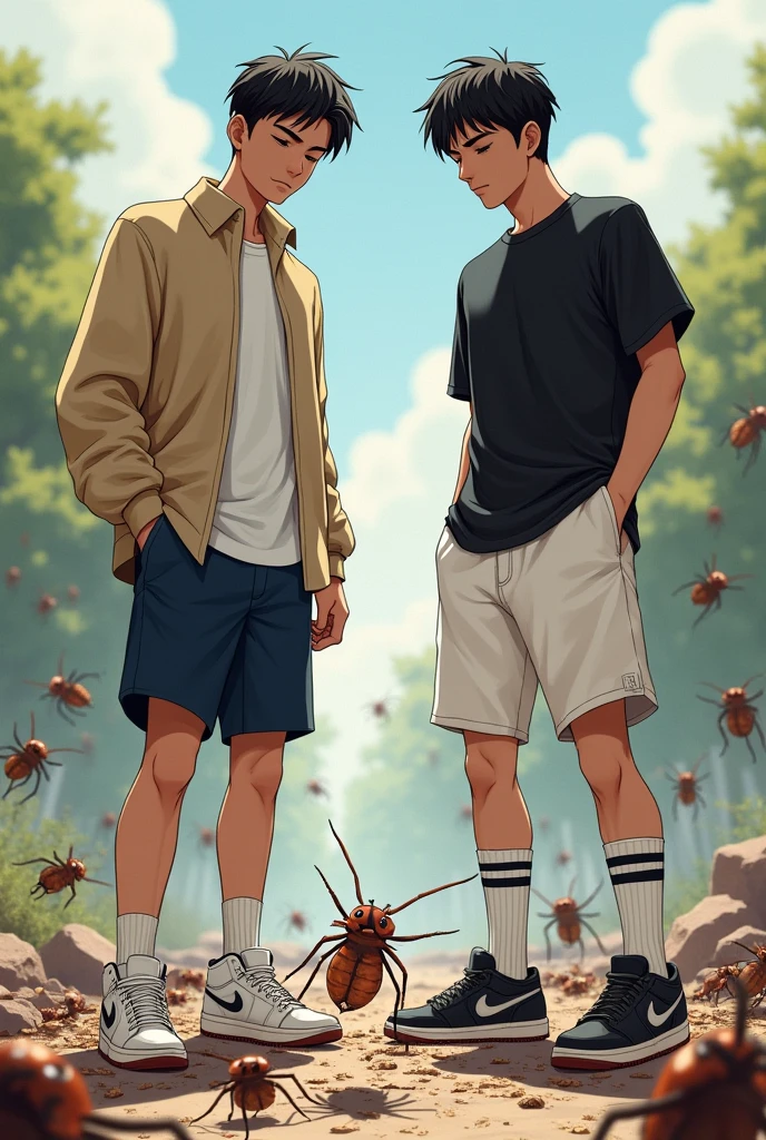 2 handsome asian male teenagers with tall and slim bodies. 1st wears a white shirt, beige cardigan, navy blue shorts, long white socks with 2 black stripes and air jordans. 2nd wears a black t shirt, white shorts, long black socks with 2 white stripes on it, and air jordans. They are stomping and trampling on a bunch of bugs, all crushed and smooshed underneath their feet