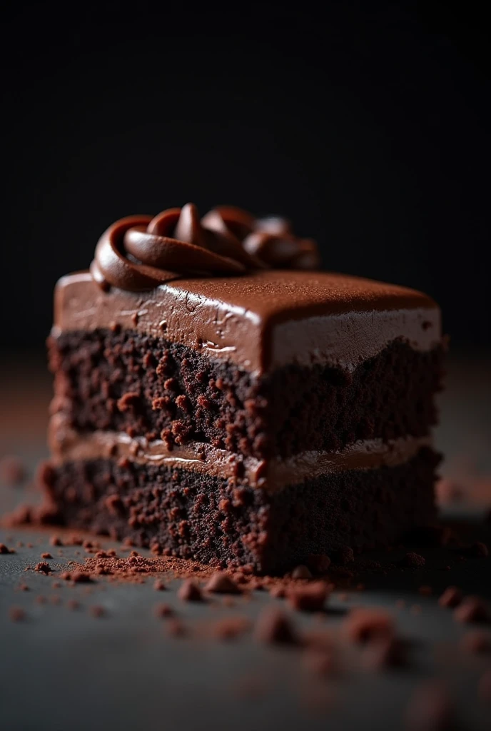 cinematic film still chocolate, chocolate cake, dark background, quality photo, moist texture, frosting, studio photo, slice . shallow depth of field, vignette, highly detailed, high budget, bokeh, cinemascope, moody, epic, gorgeous, film grain, grainy