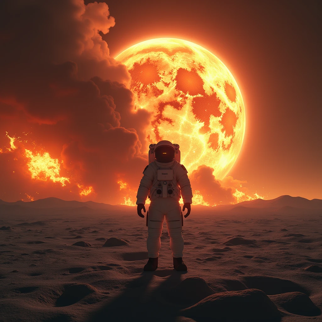 A photo-realistic 3D rendering of an astronaut standing on the surface of the moon, with the Earth in the background. The Earth appears to be engulfed in flames, with large tongues of fire and smoke rising from it. This could be interpreted as an artistic expression, a comment on environmental issues, or a speculative representation of an apocalyptic event. There is a neon digital signature with the name "Walter".