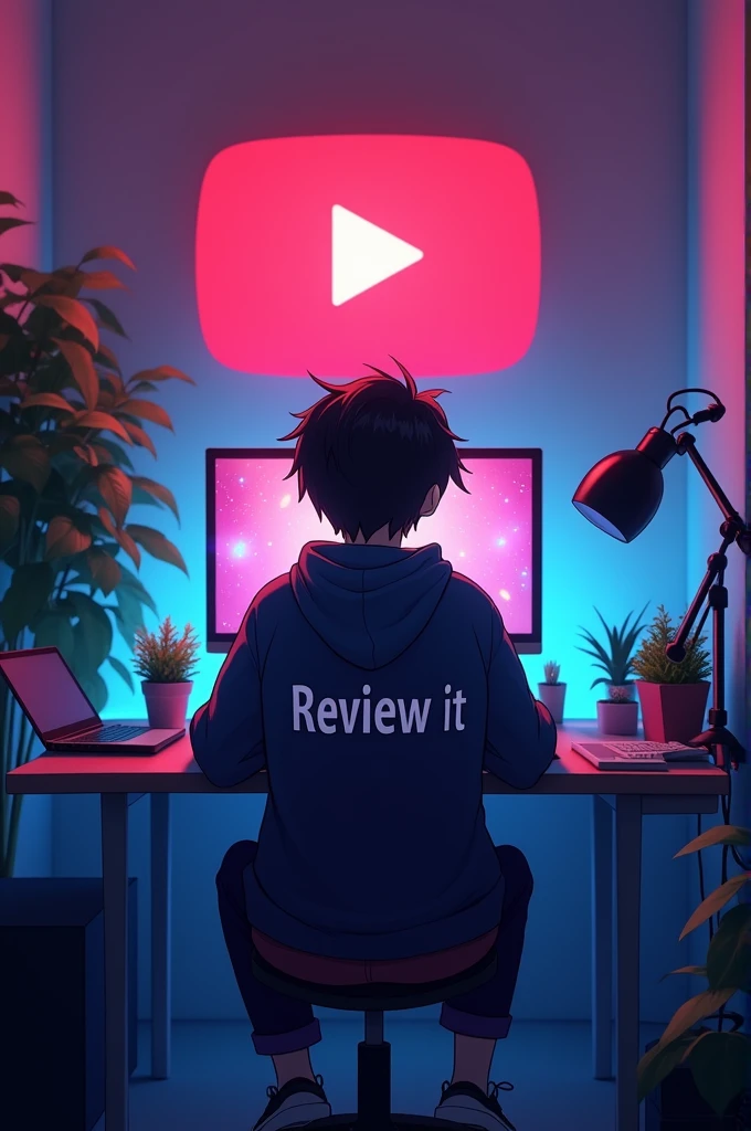 A cinematic shot of an 1 anime-style boy sitting at a computer desk. He wears a dark blue and pure dark pink hoodie with the Channel Name "Review it" on it. The boy has black stylish hair . He sits in front of a computer screen and a microphone. There's a laptop on the desk as well. The background contains a large YouTube logo on the wall, potted plants on either side, and various recording equipment. The room is illuminated by RGB light.