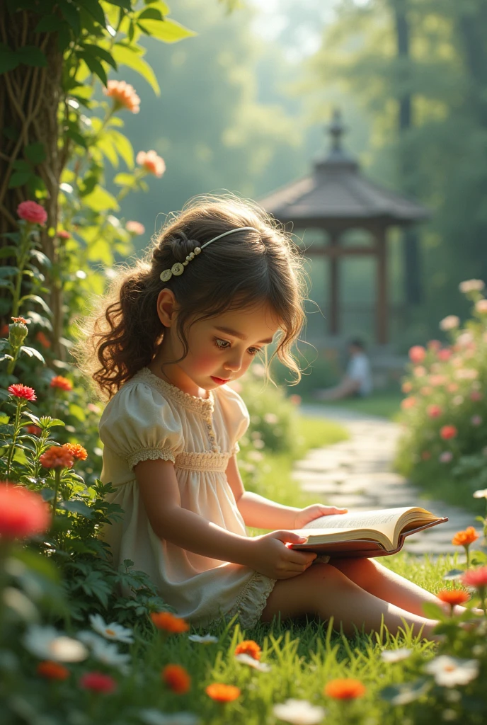 A cute girl is sitting in the garden thinking about a book photo size 16:9