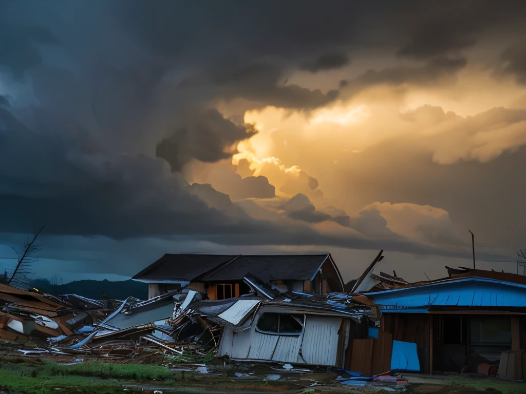 best quality, Full-HD, tycoon, landscape painting, typhoon that destroys house, half destroyed house, tornado, dark sky, storm, Many people running away from the storm, heavy rain, half destroyed house, large drops of rain, thunderstorm, swirling clouds