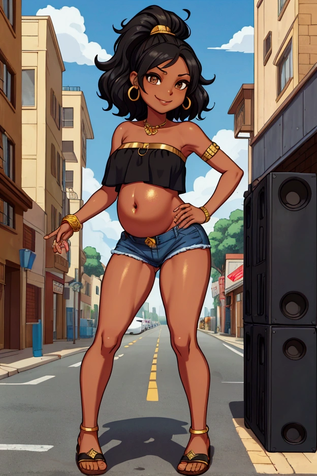 skinny, ebony skin, girl, short curly black hair, brown eyes, perky ass, blue strapless top, jean shorts, gold sandals, naughty smile, shaking her hips, decorated street, boom box, cartoon, cinematic, dramatic, masterpiece, dynamic view, full body, (score 9 for all), pregnant, pregnancy, pregnant belly, embarazada.
