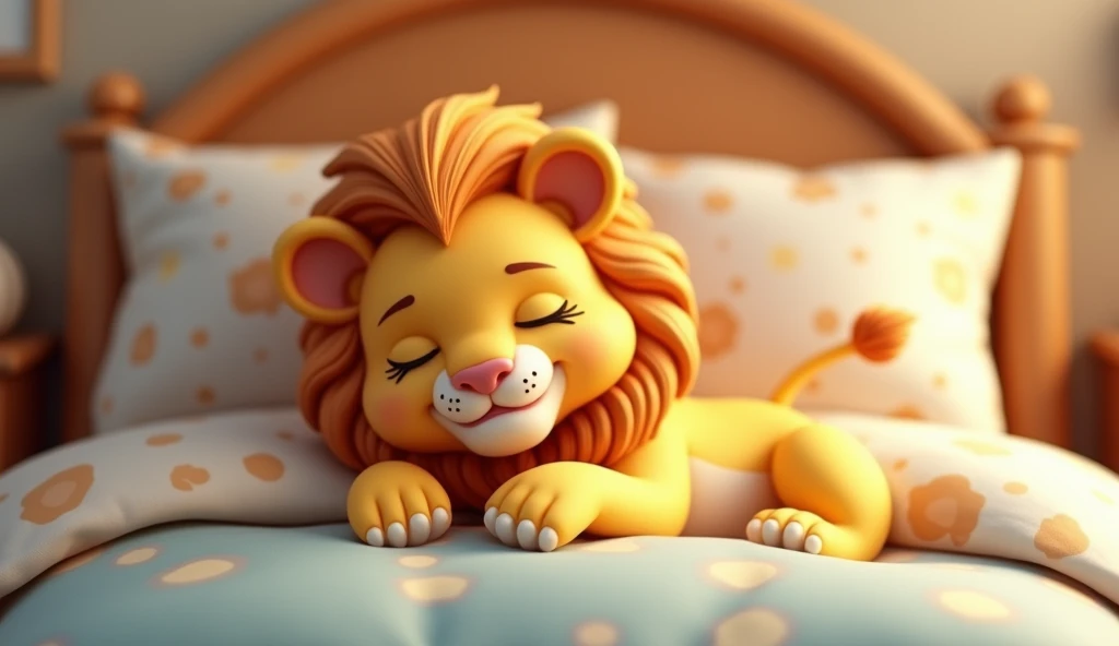 "A small lion is sleeping in bed; create it in a cartoon style with a 3D render."