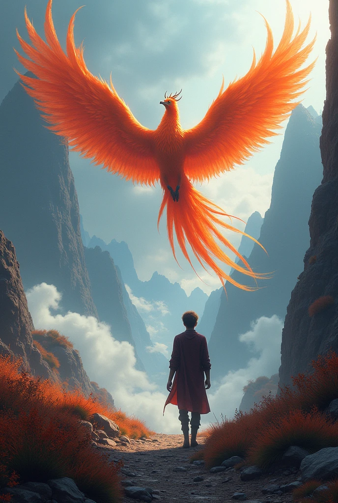 Create a picture that can be used as a gaming profile picture with a mysterious young man walking and the mythical creatures Phoenix in the background, make it more realistic , make boy smaller and phoenix bigger 
