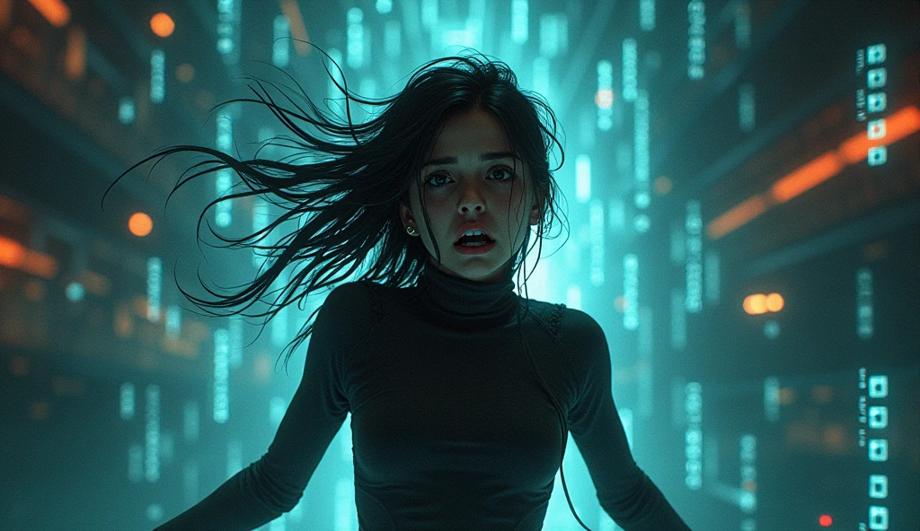 Aranuch in a desperate and frantic attempt to disconnect from the BioNet. The scene is filled with intense, flashing lights and erratic data streams. Aranuch’s expression is one of panic and desperation as she struggles to pull away from the system. The background is a chaotic mix of digital distortions and dark shadows."