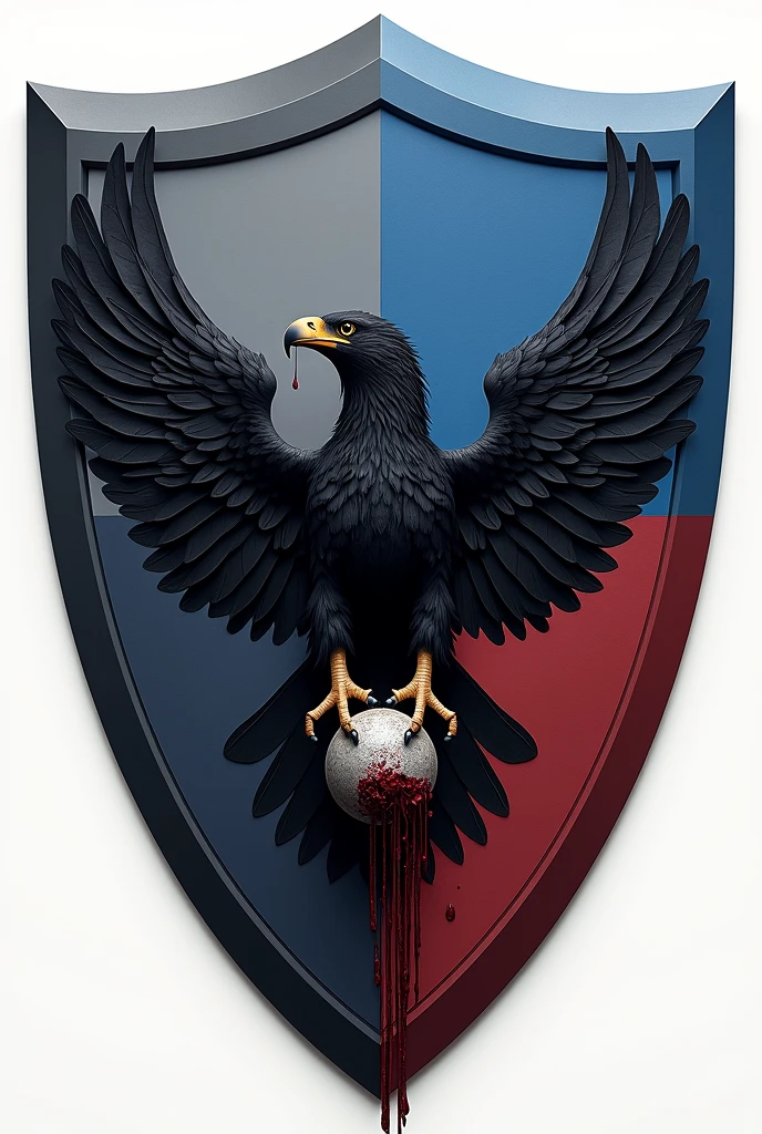 Three-color shield, ?????, blue and grey with a black eagle holding a head with three drops of blood falling between its powerful claws. 
