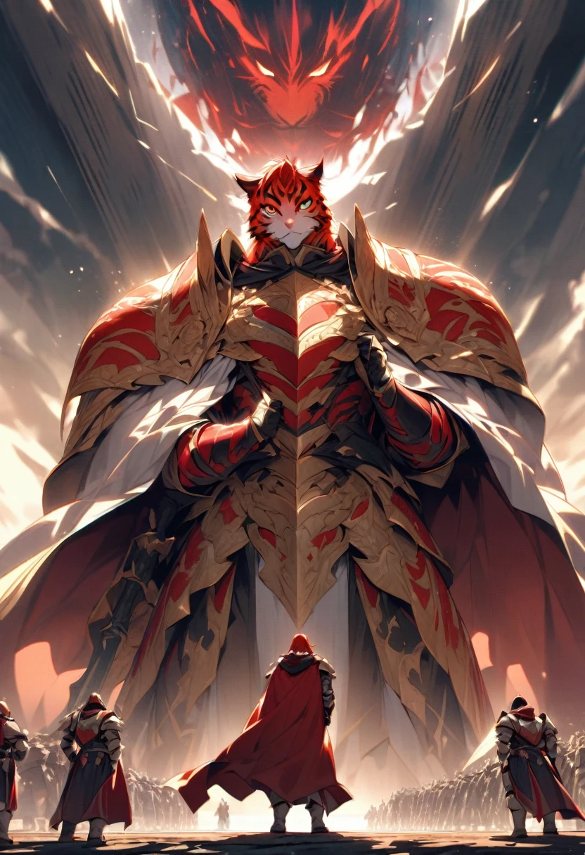 With a vast battlefield as a backdrop、A heretical hero in a red tiger-striped suit stands bravely。He was dressed in magnificent armor、Wearing a cape with a striking red tiger pattern、Gazing into the distance with sharp eyes。There are soldiers around him praising his name.、A composition that conveys the tension of the battlefield。」
