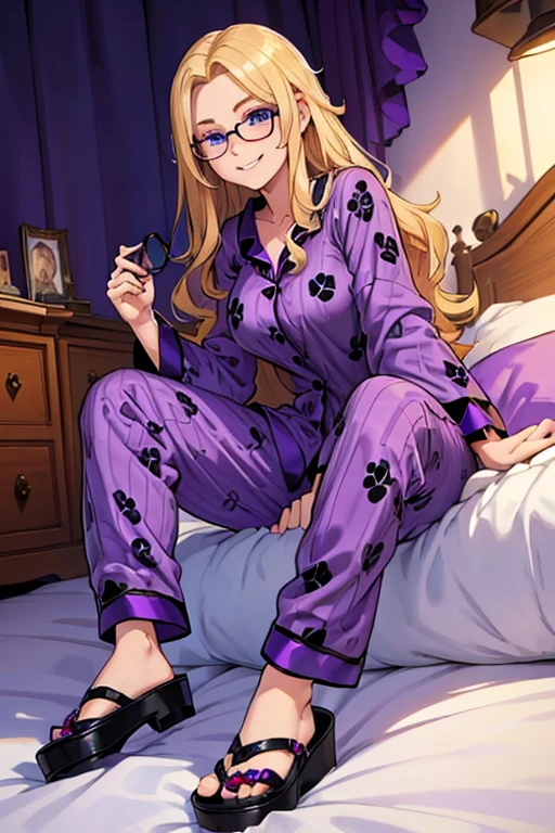 female, blonde long hair, blue eyes, (((1girl))), (((purple pajama top with black trim))), (purple pajama pants with black trim), (white slippers), (glasses), cute and sexy, full body, large breasts, long legs, smiling