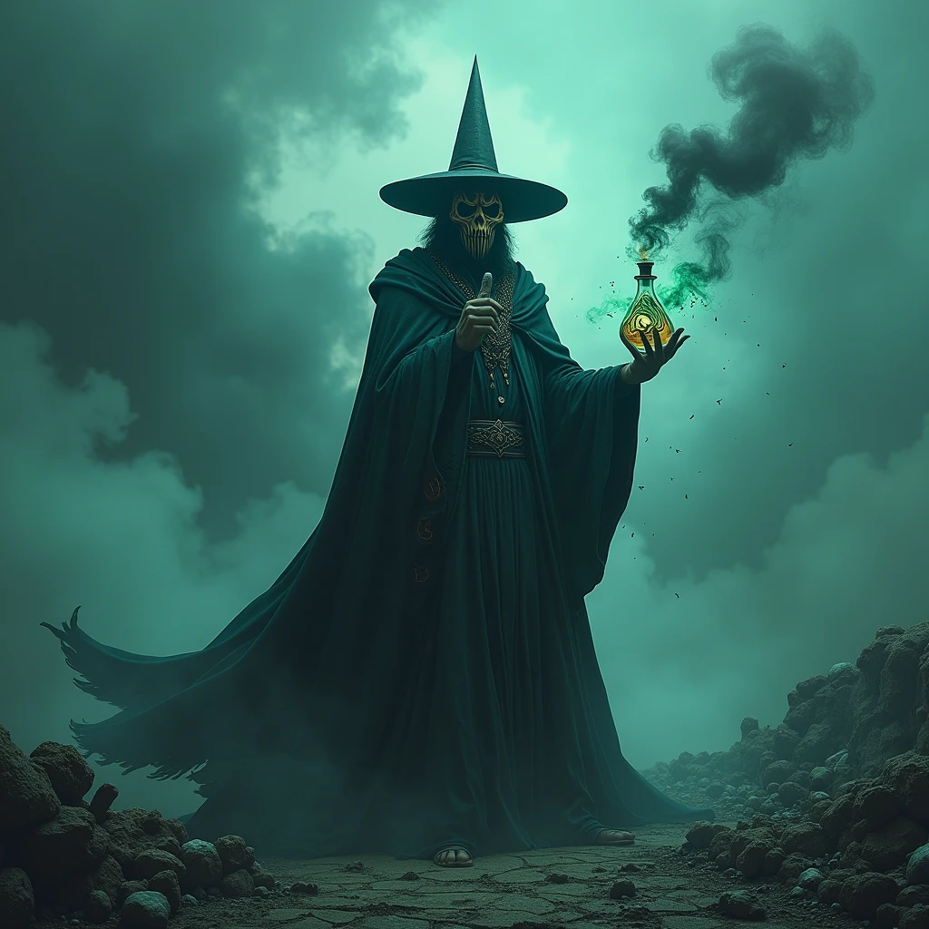 A realistic, ultra-detailed photograph of a middle-age male sorcerer with his dress and hat, a crazy mask. flask this hands with smoke, devastated land, clouds of green poison, blue smoke. The name “Toxic Grey” is prominently displayed in horrors letters behind him.
