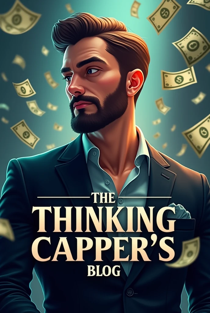 Avatar for the blog of a thinking capper, betting sphere. Money is flying behind and it is written in the center Blog of the Thinking Capper. Write in the center the Thinking Capper's Blog in a beautiful and appropriate font. In the middle is an alpha male businessman