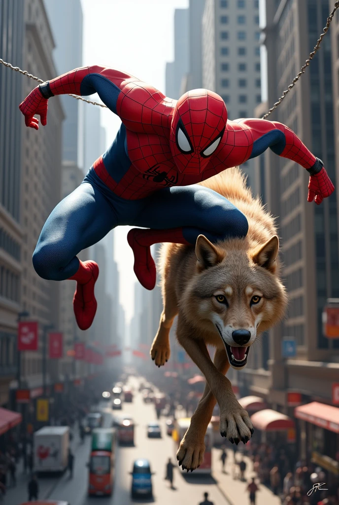 Spider-Man and Spider-Wolf: Spider-Man swinging through the city with a powerful, wolf-like creature that has spider patterns on its fur leaping alongside him.
