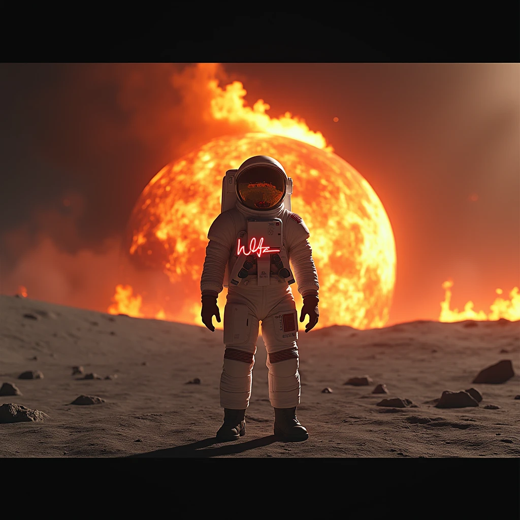A photo-realistic 3D rendering of an astronaut standing on the surface of the moon, with the Earth in the background. The Earth appears to be engulfed in flames, with large tongues of fire and smoke rising from it. This could be interpreted as an artistic expression, a comment on environmental issues, or a speculative representation of an apocalyptic event. There is a neon digital signature with the name "Walter".