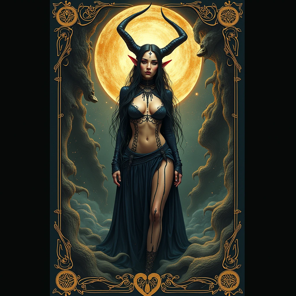 symmetrical tarot card concept art of danahamm in a (very provocative)+ outfit as the queen of elves, Lovecraft Madness theme,  by Lee Bursten, Tarot512, 8k, high detail, intricate