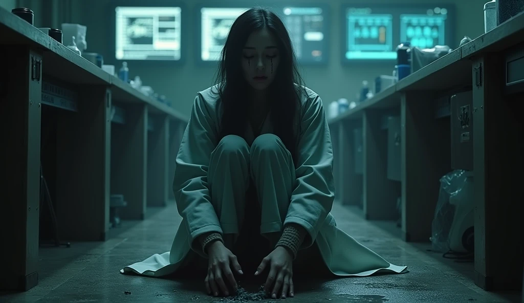 Aranuch sitting on the floor of her lab, emotionally broken and surrounded by darkness. The lab is in disarray, with screens dark and data streams faded. Aranuch is depicted in a state of despair, with tears streaming down her face. The atmosphere is heavy and somber, capturing her realization that Anavil is lost forever and the concept of eternal life might be a curse.