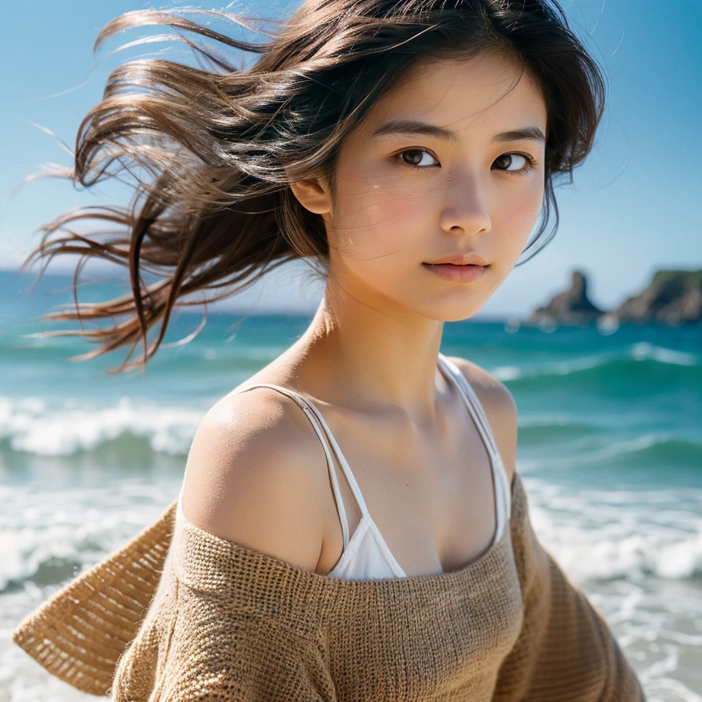A hyper-realistic image of a single Japanese woman in her early 20s, captured with the nostalgic warmth and subtle graininess of a film camera, with the focus on her upper body from the shoulders up against a serene seaside backdrop. Her skin has a warm beige tone with a natural, slightly rough texture that includes visible pores, fine lines, and subtle imperfections such as small blemishes, adding to the authenticity of her appearance. The soft, diffused natural light reflects off the ocean waves, casting gentle, warm shadows across her face and shoulders, enhancing the film-like quality and creating a timeless, organic feel. Her straight, glossy black hair is slightly tousled by the ocean breeze, naturally framing her face, and her deep brown eyes reflect the soft light of the seaside, adding depth and emotion. The background subtly captures the peaceful ocean scenery with a glimpse of rolling waves and a faint horizon, blurred to maintain focus on her expression. The film camera effect introduces a slight grain and a softer focus, giving the image a warm, nostalgic atmosphere while maintaining the realistic texture of her skin. She is wearing a light, airy top that complements her natural beauty and the beach setting, with the overall composition designed to evoke a sense of genuine, understated elegance and connection with nature.