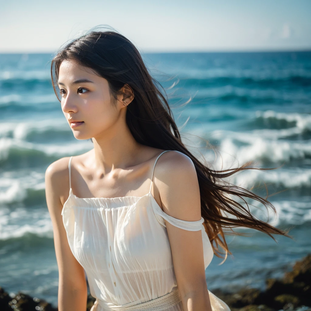 A hyper-realistic image of a single Japanese woman in her early 20s, captured with the nostalgic warmth and subtle graininess of a film camera, with the focus on her upper body from the shoulders up against a serene seaside backdrop. Her skin has a warm beige tone with a natural, slightly rough texture that includes visible pores, fine lines, and subtle imperfections such as small blemishes, adding to the authenticity of her appearance. The soft, diffused natural light reflects off the ocean waves, casting gentle, warm shadows across her face and shoulders, enhancing the film-like quality and creating a timeless, organic feel. Her straight, glossy black hair is slightly tousled by the ocean breeze, naturally framing her face, and her deep brown eyes reflect the soft light of the seaside, adding depth and emotion. The background subtly captures the peaceful ocean scenery with a glimpse of rolling waves and a faint horizon, blurred to maintain focus on her expression. The film camera effect introduces a slight grain and a softer focus, giving the image a warm, nostalgic atmosphere while maintaining the realistic texture of her skin. She is wearing a light, airy top that complements her natural beauty and the beach setting, with the overall composition designed to evoke a sense of genuine, understated elegance and connection with nature.