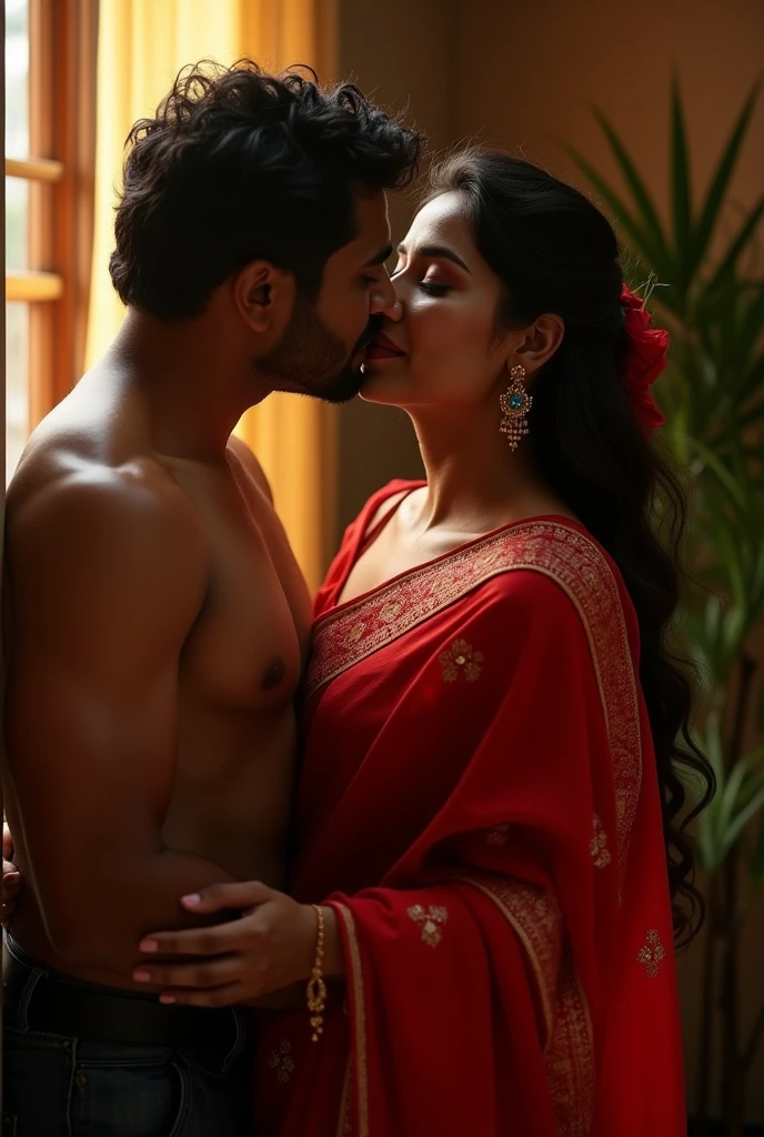 Malayali hot couples kissing girl in red davani