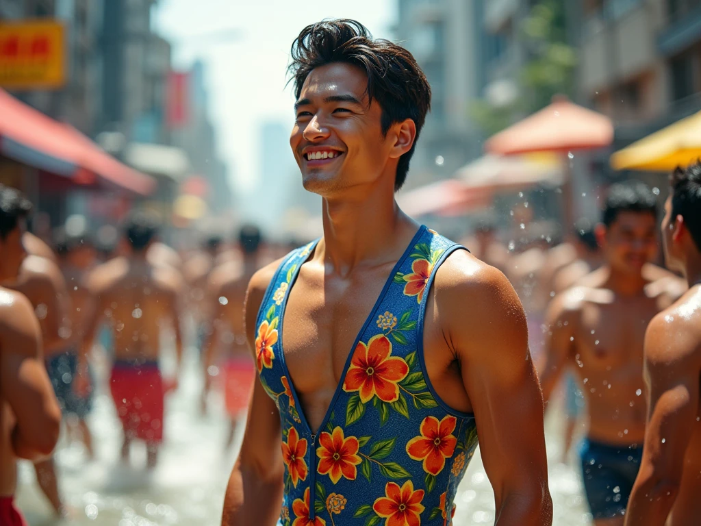 Japanese,25-30 years old , Masculine and handsome， the weather is summer，Wear summer sex clothes，For example, vest（Super detailed, Realistic, best quality, 4K, 8k, High resolution, masterpiece:1.3)The background is Bangkok, Thailand，It&#39;s the Water Splashing Festival，wet，happy
