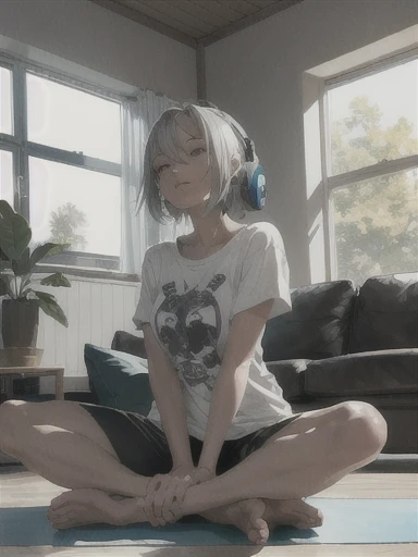 Draw a scene of someone relaxing in a spacious living room. The character is a short, silver-haired woman wearing a stylish t-shirt and headphones, doing yoga. The background has three large windows, allowing in plenty of sunshine and clear skies. I would like a vibrant color and anime style. Please also add some floating magical lights around the character.