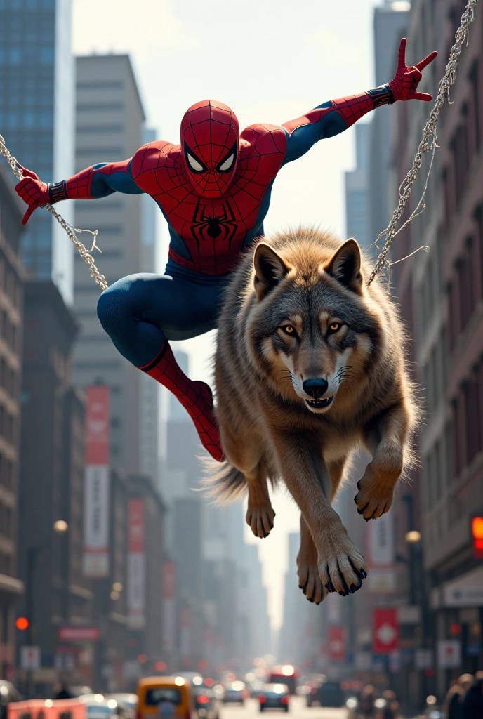 Spider-Man and Spider-Wolf: Spider-Man swinging through the city with a powerful, wolf-like creature that has spider patterns on its fur leaping alongside him. 