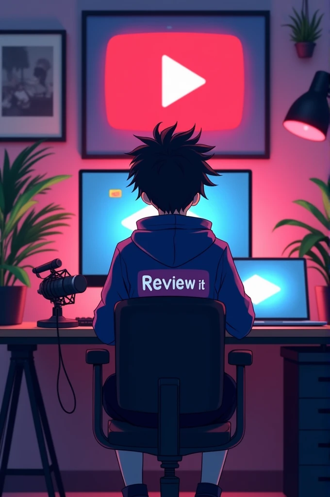 A cinematic shot of an 1 anime-style boy sitting at a computer desk. He wears a dark blue and pure dark pink hoodie with the Channel Name "Review it" on it. The boy has black stylish hair . He sits in front of a computer screen and a microphone. There's a laptop on the desk as well. The background contains a large YouTube logo on the wall, potted plants on either side, and various recording equipment. The room is illuminated by RGB light. He is explaining something 
