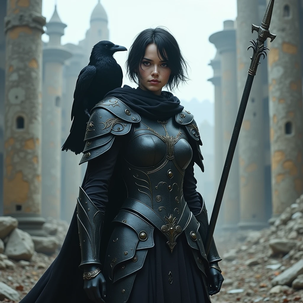 A Pale Young Women Standing 6 Feet Tall, Stunningly Beautiful Like a White Goddess, Clad in Raven Black Armor, Full Body Armor, holding a glaive in her hand ready to fight, a black raven Sitting on her Shoulder, She has Short Hairs, Raven Hair, Shiny Hair, Messy Hair, Anatomically Correct, Masterpiece, High Resolution, Accurate, Best Quality, Detail, Quality, Super Detailed, Standing on a ruined city in a fighting position holding her glaive