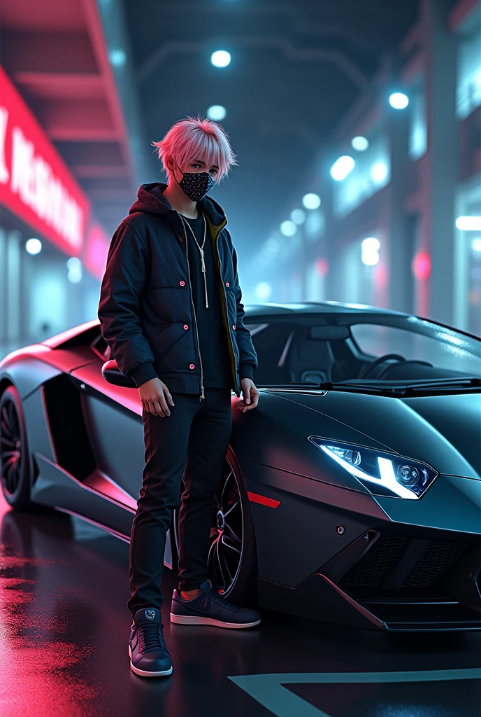 Anime boy with mask and lamborghini