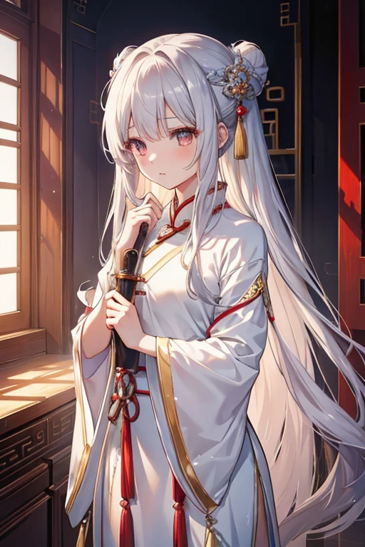 Anime-style Chinese girl with ultra-clear rendering, silver long hair, Hanfu dress, gentle and confident, full character, natural tones, distant perspective, highlighted details, ancient costume style, static relaxation, high-definition quality, delicate textures, soft lighting, and a beautiful atmosphere.,,in clothes
