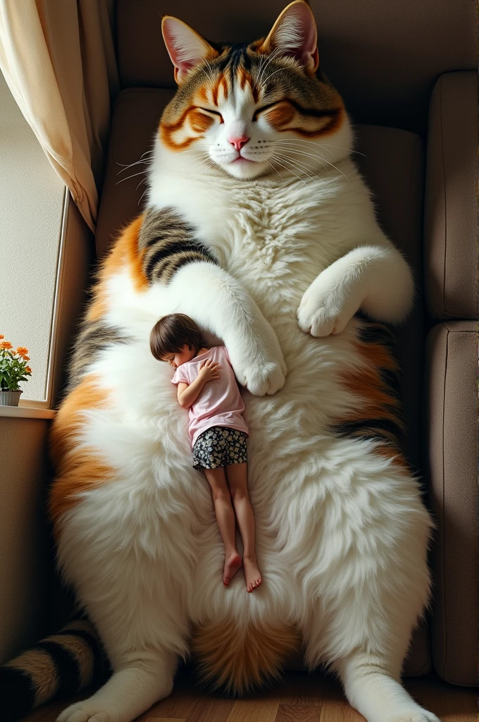 giant calico cat, larger than a house, sleeping in a lying down position, person lying on its back, photorealistic, detailed fur texture, soft lighting, wide angle view, scale comparison