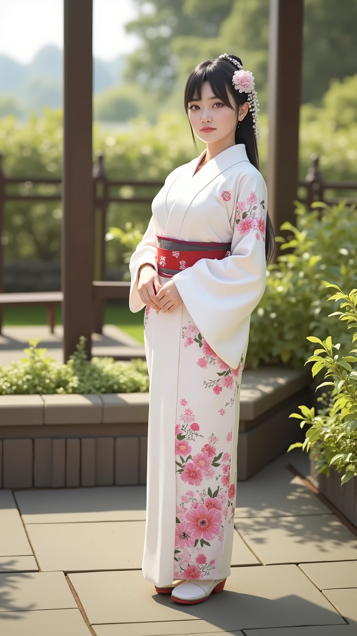 1579 years,Front view , ((whole body,Standing in the garden), The Azuchi-Momoyama Period of Japan, View your viewers, Beautiful Japanese Woman,Her name is Hosokawa Graci, Front view , ((Full-body, standing on garden), a Japanese ancient girl, looking at viewer, girl is 20 years old, (Highly detailed face, Black long hair ,Brown eye, Variegated eyes, Fuller lips, little Lips, serious, widow's peak, hime ,kanzashi), (middle breasts, middle hip), (Japanese beautiful white silk kimono, below flower pattern), standing in Japanese Osaka castle, sunset , ((Surrealism, Hyperrealism, best quality, UHD, retina, masterpiece, anatomically correct, accurate, textured skin, super detail, high details, high quality, best quality, highres, 8k))