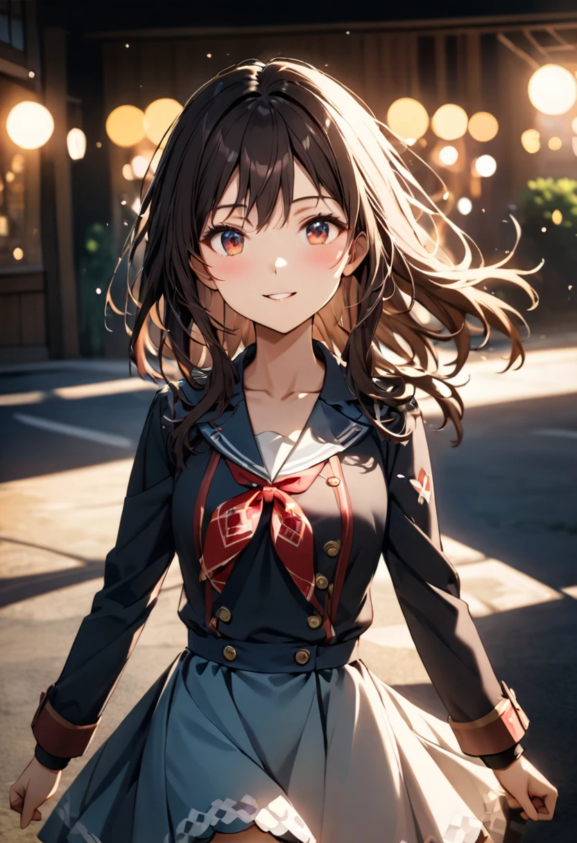 {{Highest quality}},Delicate illustration,Detailed depiction, masterpiece, Boho Eye Hinai Girl, Playful Themes, {{{{{Group of 2}}}}}、{{{Two girls}}}、High school girls、Raw photo of a girl in uniform。Decorative details and symbols are often used。, Brown hair gently fluttering in the wind,Clear blue eyes、A gentle smile、Raw photo of a girl in uniform。Decorative details and symbols are often used。, Black hair gently fluttering in the wind,Clear red eyes、A gentle smile、 Long-distance shots, High Key Light, Hard Shadows, Soft bokeh, Professional photography, A balanced deal, Balanced Exposure,