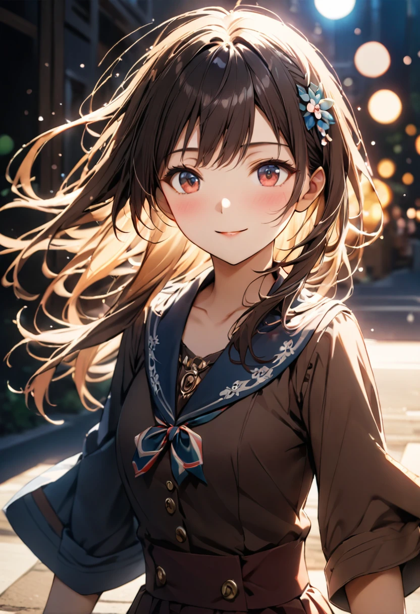 {{Highest quality}},Delicate illustration,Detailed depiction, masterpiece, Boho Eye Hinai Girl, Playful Themes, {{{{{Group of 2}}}}}、{{{Two girls}}}、High school girls、Raw photo of a girl in uniform。Decorative details and symbols are often used。, Brown hair gently fluttering in the wind,Clear blue eyes、A gentle smile、Raw photo of a girl in uniform。Decorative details and symbols are often used。, Black hair gently fluttering in the wind,Clear red eyes、A gentle smile、 Long-distance shots, High Key Light, Hard Shadows, Soft bokeh, Professional photography, A balanced deal, Balanced Exposure,