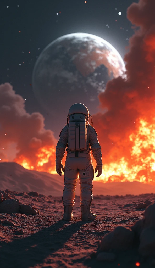 A photo-realistic 3D rendering of an astronaut standing on the surface of the moon, with the Earth in the background. The Earth appears to be engulfed in flames, with large tongues of fire and smoke rising from it. This could be interpreted as an artistic expression, a comment on environmental issues, or a speculative representation of an apocalyptic event. There is a neon digital signature with the name "Walter".