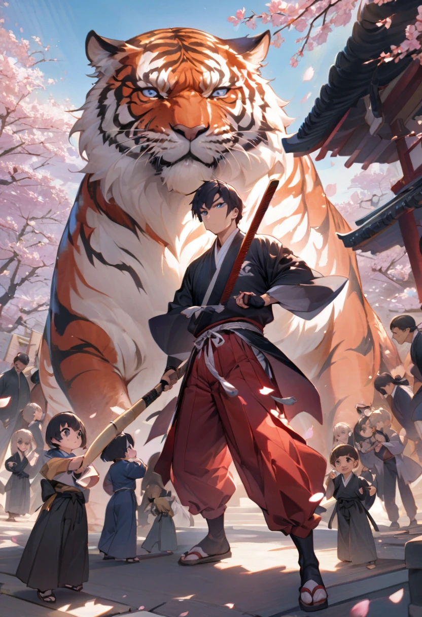 In a Japanese-style garden、A childhood hero is practicing martial arts in a red tiger-print hakama and wielding a bamboo sword.。A look of concentration came over his face.、He is surrounded by his family and master, who are watching over him.。Blue skies and cherry blossoms create an elegant backdrop