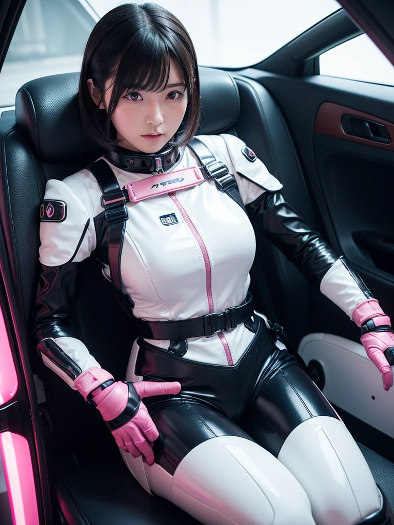 Japanese female android,Black Hair,Space capsule,The person is completely secured in the seat with the backrest reclined by a thick harness belt.,Plump,Wide-legged squats,Dark pink and white shiny robot suit,Surrounded by switches and monitors,