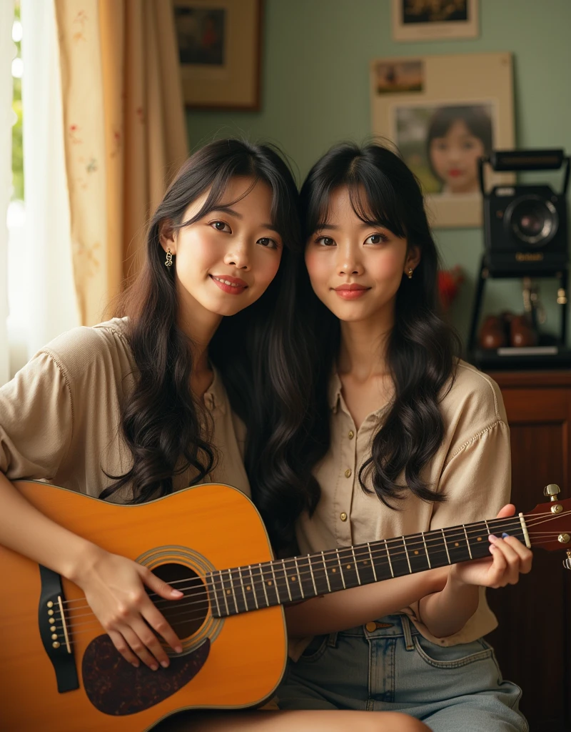 Portrait of a 2 Thai woman playing a guitar lead, looking at the camera, long hair, in a retro studio with pastel walls, a vintage live camera, warm sunlight, analog film photographs, a Kodachrome camera.