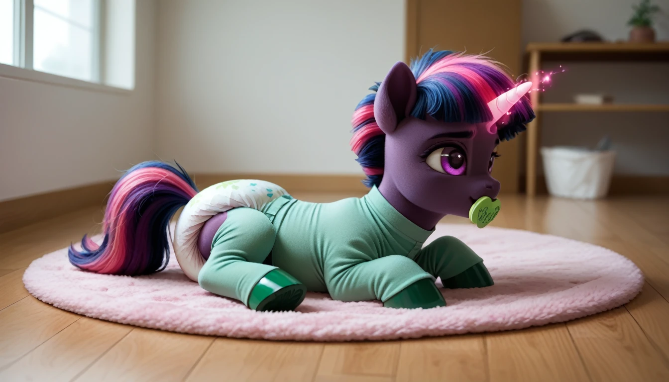 pony, Unicorn, purple wool, dark blue mane with purple streak and pink streak, the tail is dark blue with a purple strand and a pink strand, purple eyes, sitting in the room on a soft play mat, adult filly, dressed in a green bodysuit and green booties, green pacifier in mouth, solo, thick diaper under clothes.