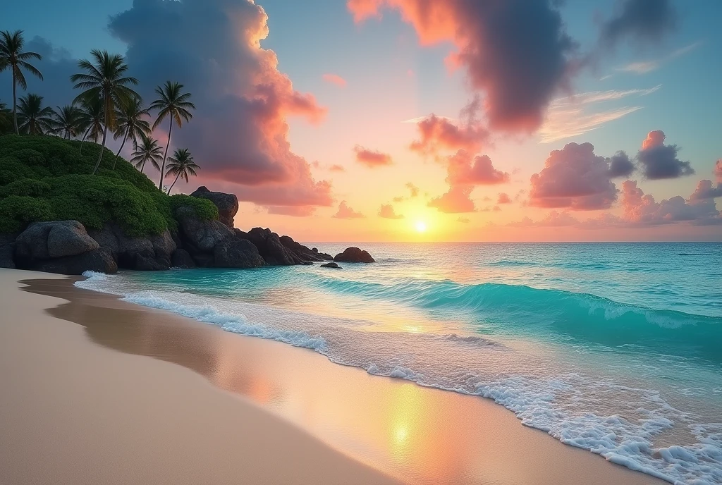 High Resolution, Masterpiece, Accurate, Best Quality, Detail, HD, High Details, High Quality, Realistic photo. The image is a beautiful landscape photograph of a beach at sunset. The sky is a mix of blue, orange, and yellow hues, with the sun setting in the background. The water is a deep turquoise color and the waves are gently crashing onto the shore. The sand is a light beige color and appears to be soft and smooth. On the left side of the image, there is a small island with palm trees and other tropical vegetation. The horizon line is visible in the distance, with a few clouds scattered across the sky. The overall mood of the photograph is peaceful and serene.