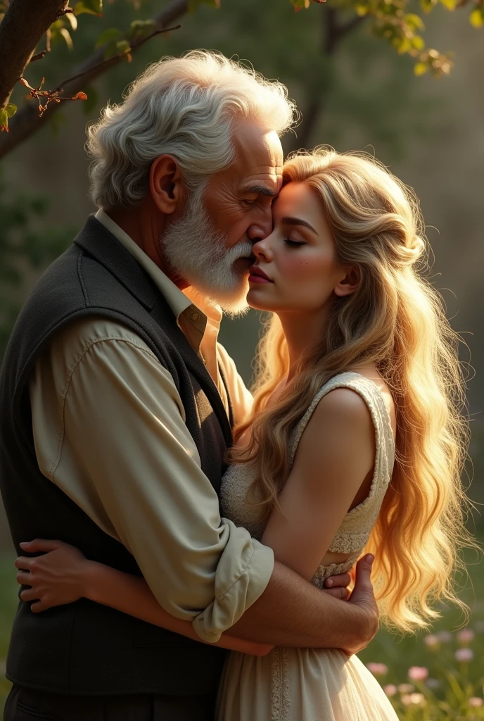 A beautiful girl with long blonde hair 20 An old man 90 year old hugs a blonde beautiful woman from behind、Are crying、Beautiful sight、Love story