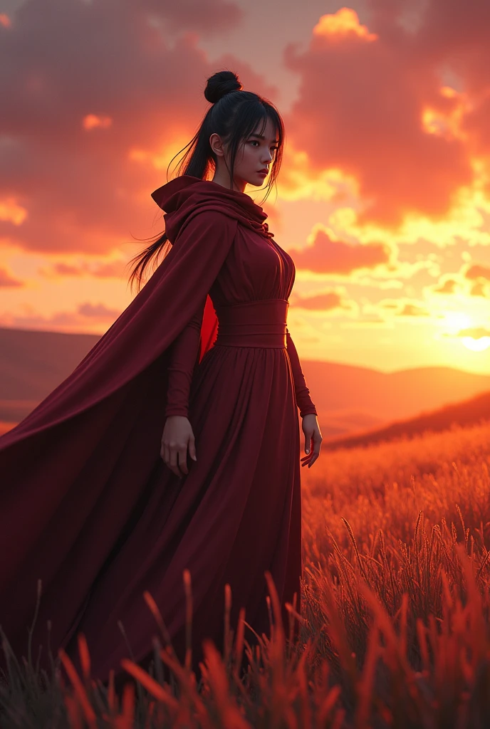 I want a Korean woman with a perfect body and an Akatsuki cape in a field with a radiant sunset