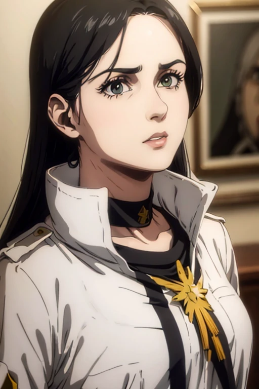1 woman aged 35, long black hair, greeneyes, neutral expression, necklace on the neck, White military uniform, marley, liberia, Masterpiece artwork, best qualityer, retina, super detaill,