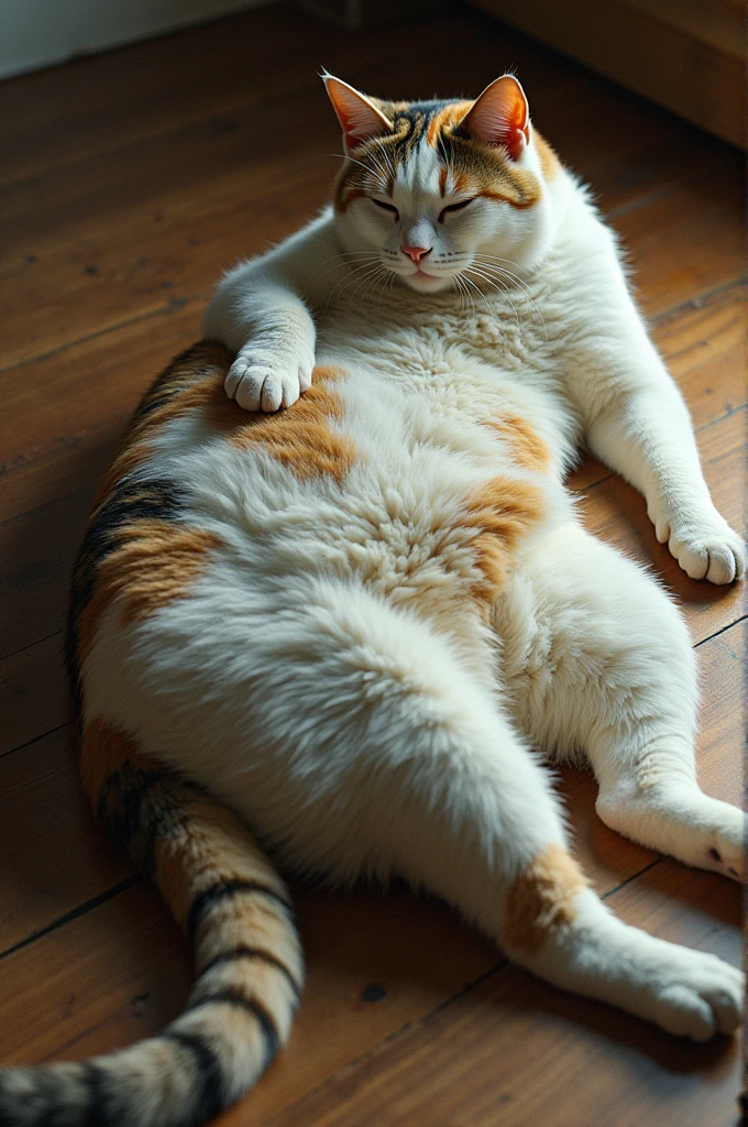giant calico cat, larger than a house, sleeping in a lying down position, person lying on its back, photorealistic, detailed fur texture, soft lighting, wide angle view, scale comparison