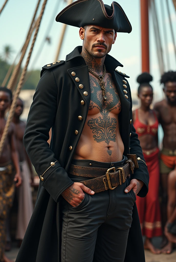Tattooed male model shaved head pointy mustache, soul pach, blacked out tattoos, tall slim American revolutionery period coat, tricorne heat, on the boat in the harbor witch next to him beudiful black dreadlocks hair(very big size breasts 2.2) very small waist very wide hips in caribian stile dress anf a crew of runaway black slaves, criminals and whores