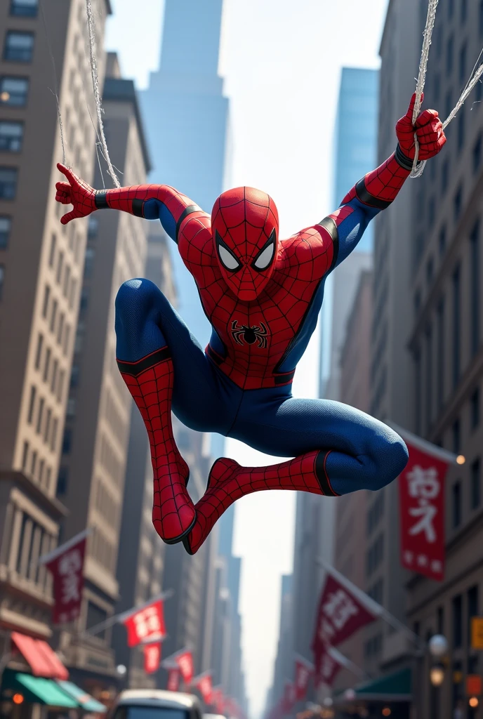 Cut to: Spider-Man swinging into frame]
