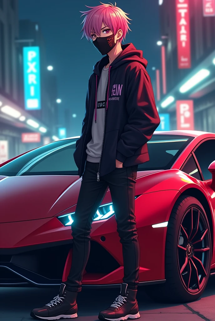 Anime boy with mask and lamborghini